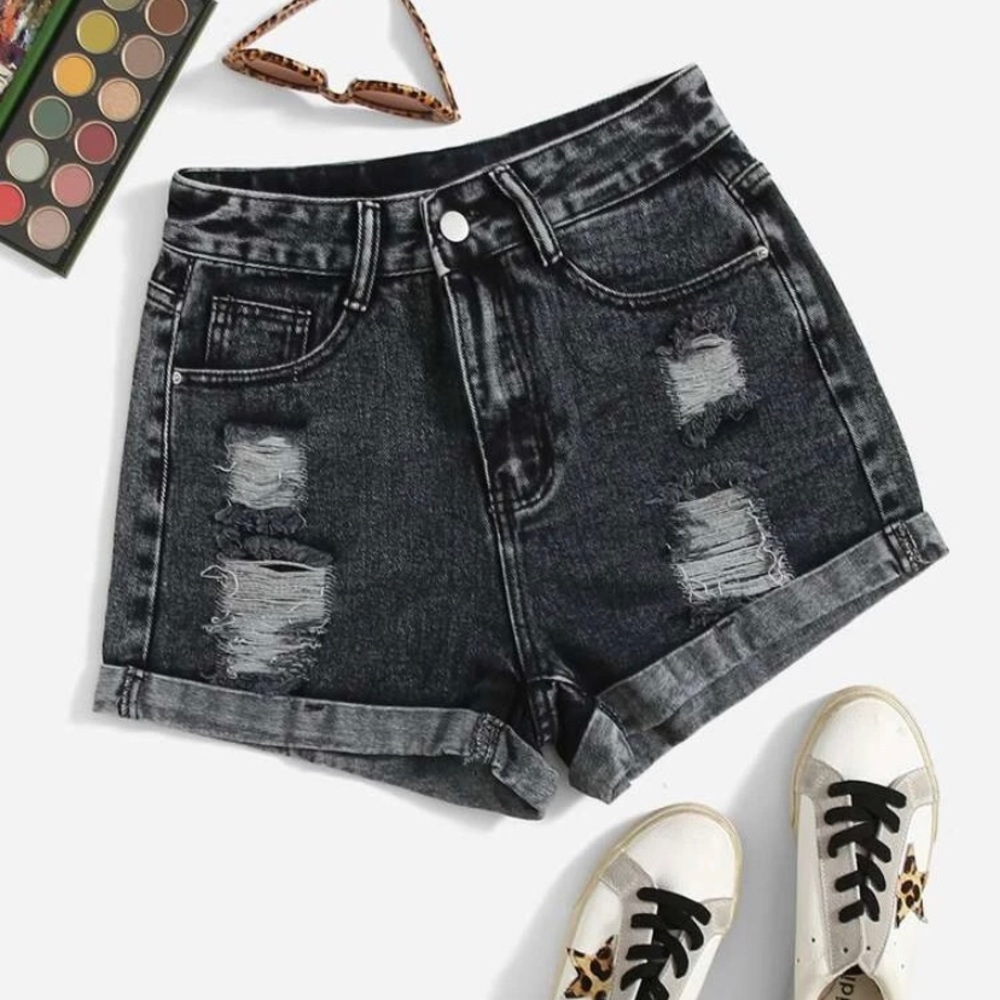 High-waisted distressed charcoal shorts